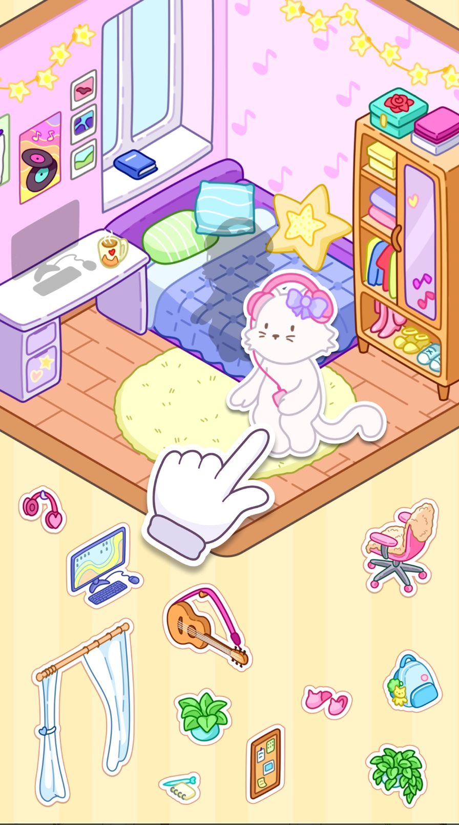 Sticker Room artwork — a cozy kawaii bedroom full of stickers